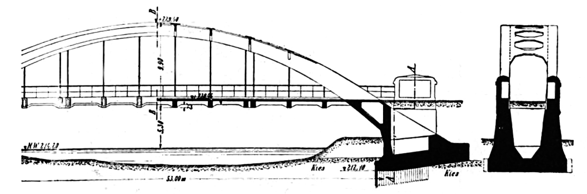 Konstruktionszeichnung von Christiani & Nielsen | Quelle: C. Kersten: Brücken in Eisenbeton, Teil II: Bogenbrücken. Berlin 1913, S. 120